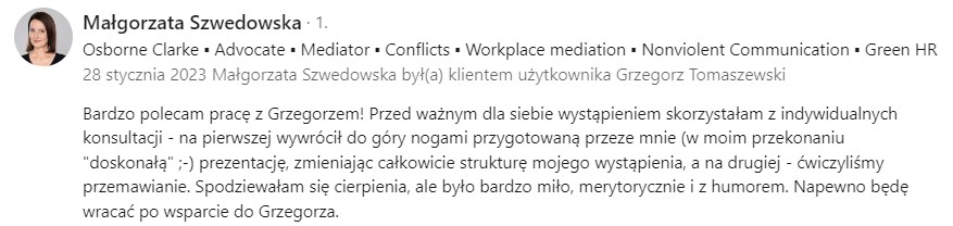 Opinia kobiety, która potwierdza, że indywidualne konsultacje z wystąpień publicznych dały jej wiele korzyści